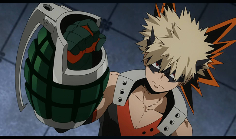 O personagem Bakugou Katsuki com seu traje de herói olhando determinado para a câmera