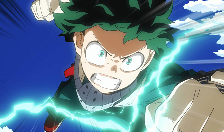 O personagem Izuku Midoriya em posição de ataque com vários raios verdes percorrendo seu corpo