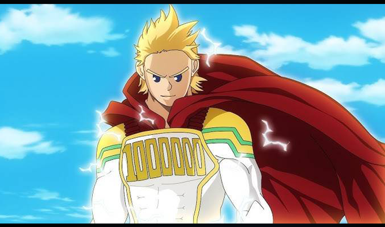 O perosnagem Mirio Togata em suas vestes de herói com um céu azul ao fundo