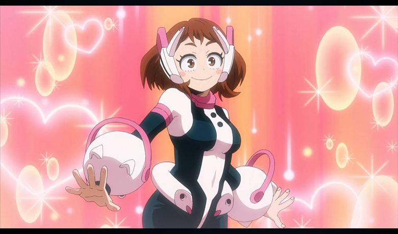 A personagem Uraraka com seu traje de heroína em um fundo rosa