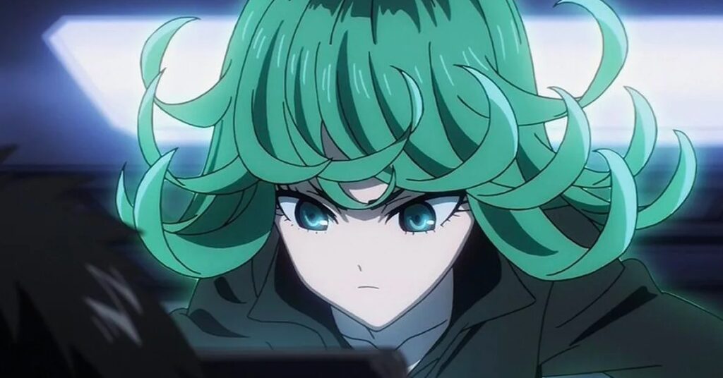 Personagem feminina com olhos e cabelo verde