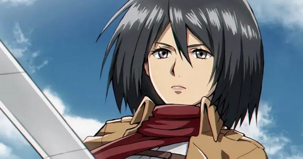 Mikasa Ackerman, character from Attack on Titan, holding a sword and looking seriously ahead 