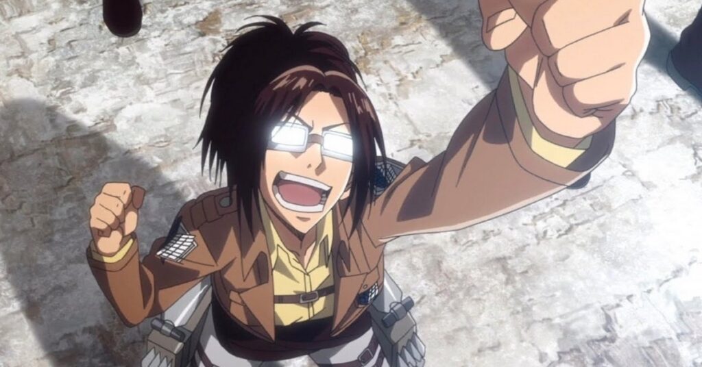 Hange, character from Attack on Titan, laughing happily