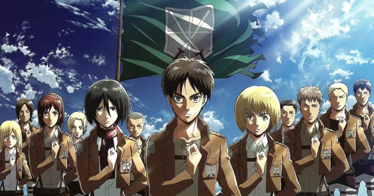 personagens principais de attack on titan, batendo com o punho no coração em forma de saudação formal em formação à frente da bandeira de Cadetes