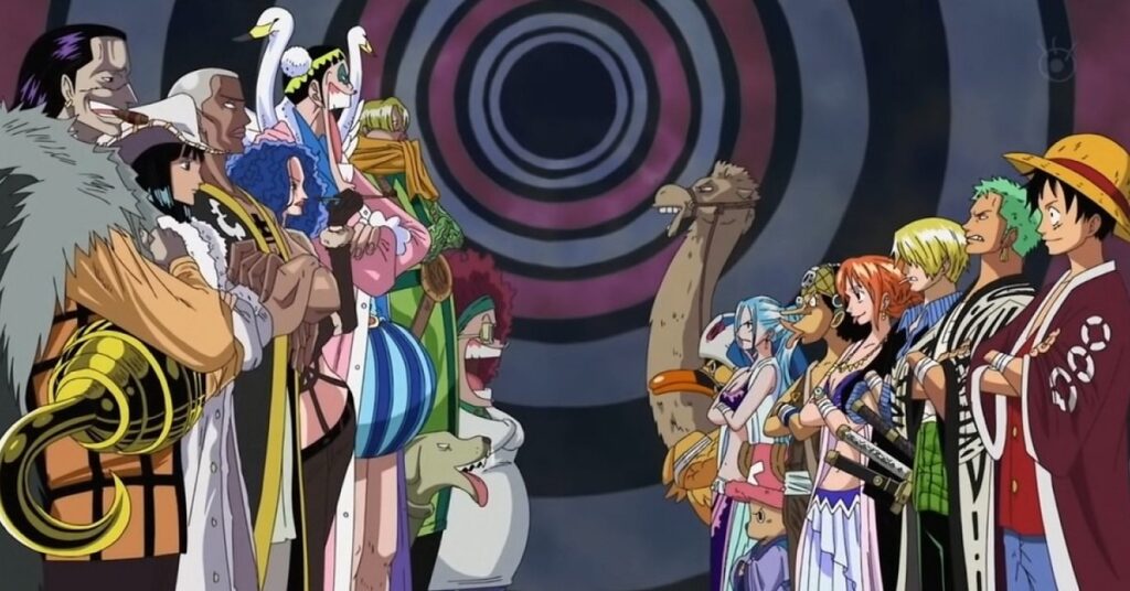 Characters from One Piece, good guys and bad guys facing each other