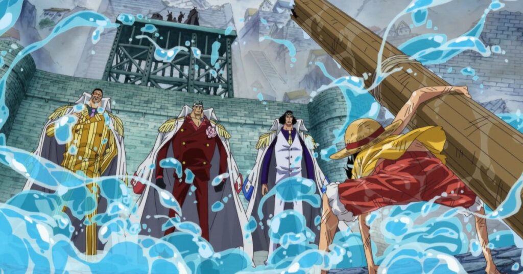 Luffy desafiando 3 membros da Marinha