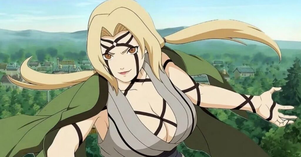 Tsunade Senju dengan kekuatannya diaktifkan, meninggalkan seluruh tubuhnya ditandai dengan garis hitam