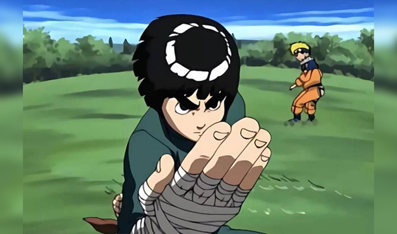 The character Rock Lee in a fighting stance with Naruto in the background