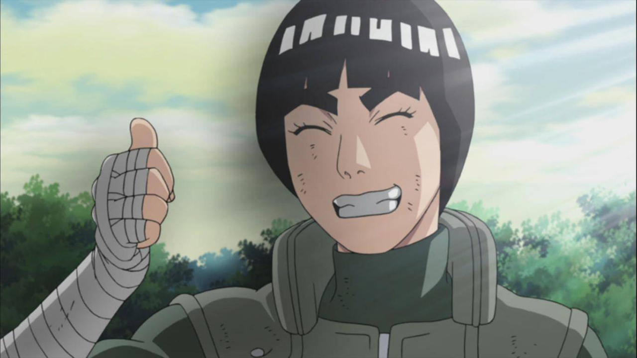 Karakter Rock Lee tersenyum sambil memberi isyarat jempol