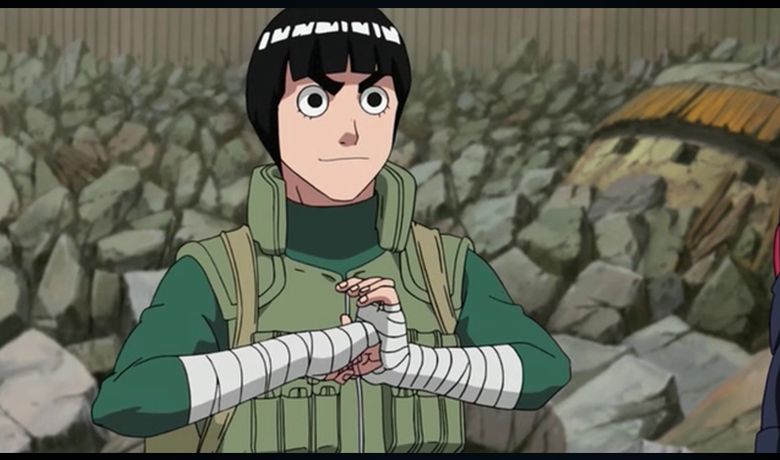 Rock Lee showing determination with rocks in the background.