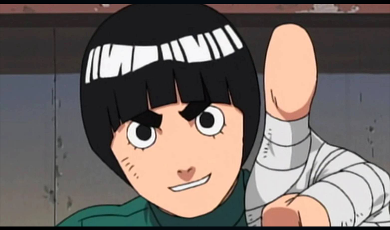 The character Rock Lee looking at the camera with a serious look and making a positive gesture with his hand