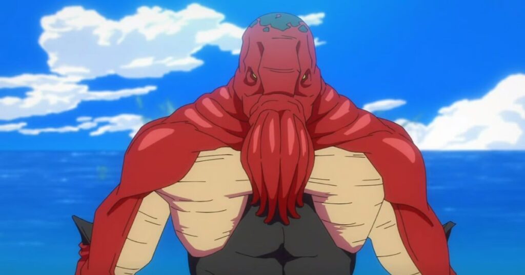 Un personaje humanoide con cabeza de pulpo y cuerpo rojo.