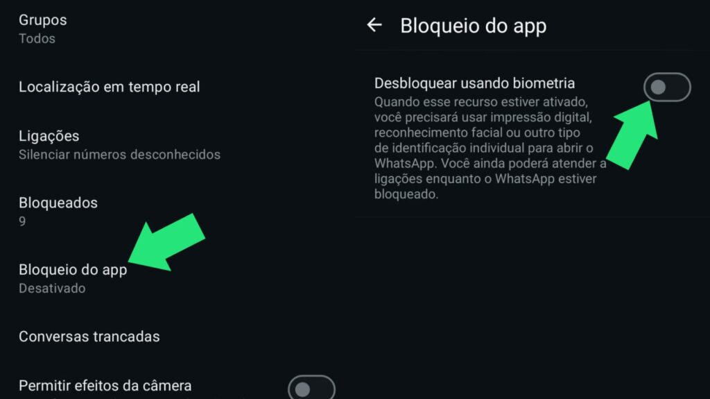 Imagem mostrando o passo a passo para colocar senha no WhatsApp