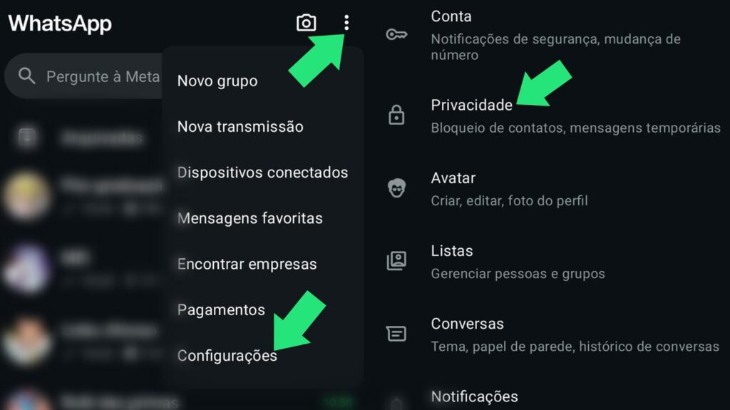 Imagem mostrando o passo a passo para colocar senha no WhatsApp