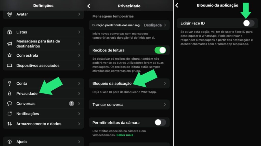 Imagem mostrando o passo a passo para colocar senha no WhatsApp