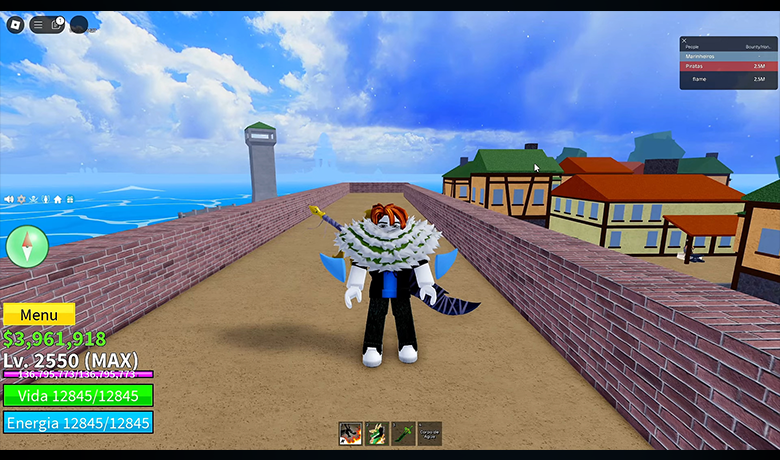 Character from the game Blox fruit wearing various accessories and looking towards the camera.