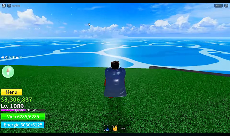 Blox fruit game character standing on the shore of a sea while looking at the horizon.