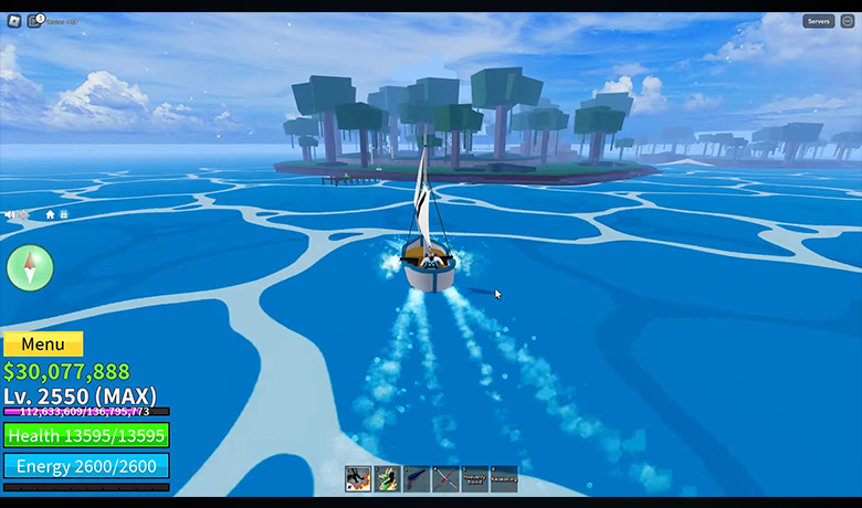 Game character Blox Fruits sails inside a boat through the game's sea.