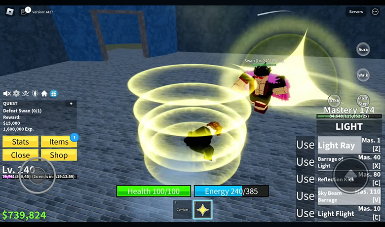 Character image of Blox Fruits on the battlefield with a powerful aura around him