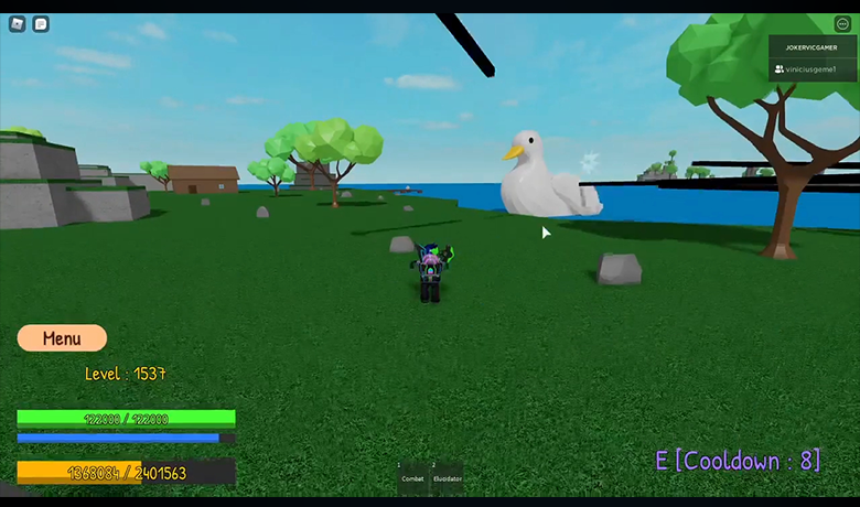 Image of the game character Glue Piece in the middle of the grass next to a lake where a gigantic bird is swimming