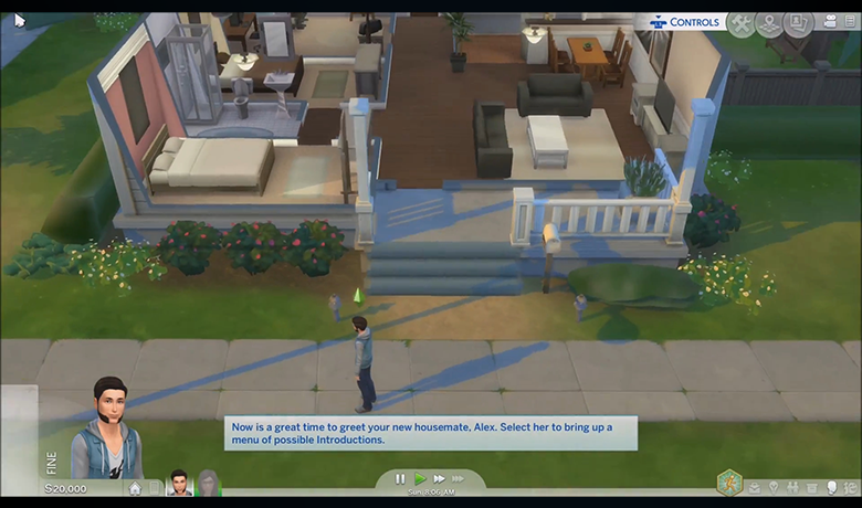 Screenshot showing The Sims 4 game interface with a character and a house viewed from above