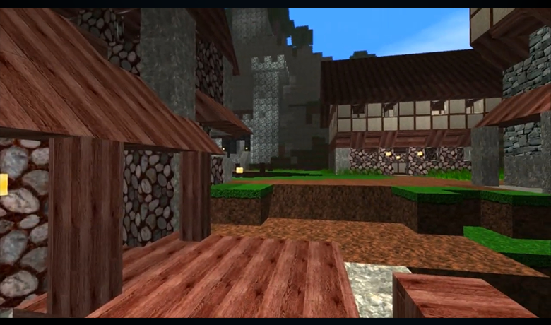 Game screenshot with stone and wooden buildings and some parts covered in grass.