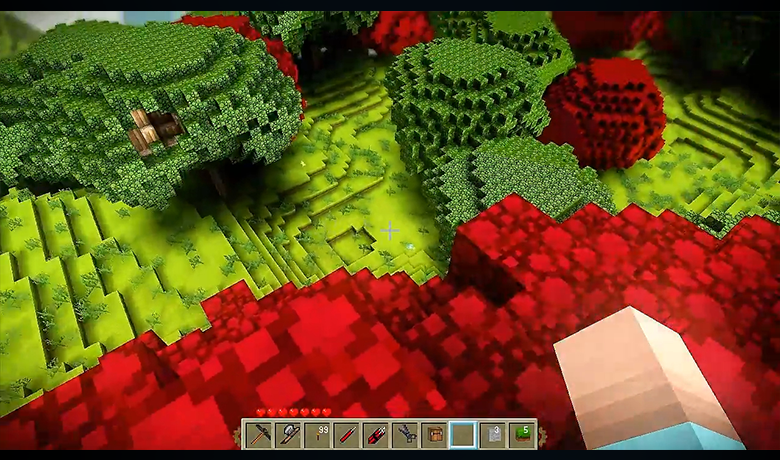 Screenshot of the game interface showing a green landscape with several red blocks