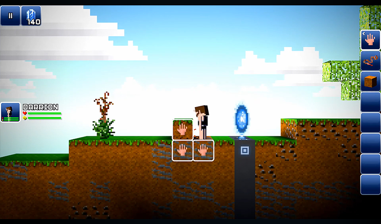 Character from the game The Blockheads in a natural field pushing a block