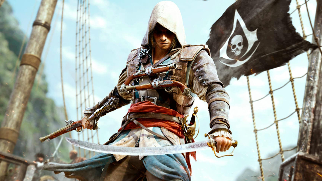 Personagem de Assassin's Creed carregando recursos bélicos com uma bandeira de pirata atrás de si