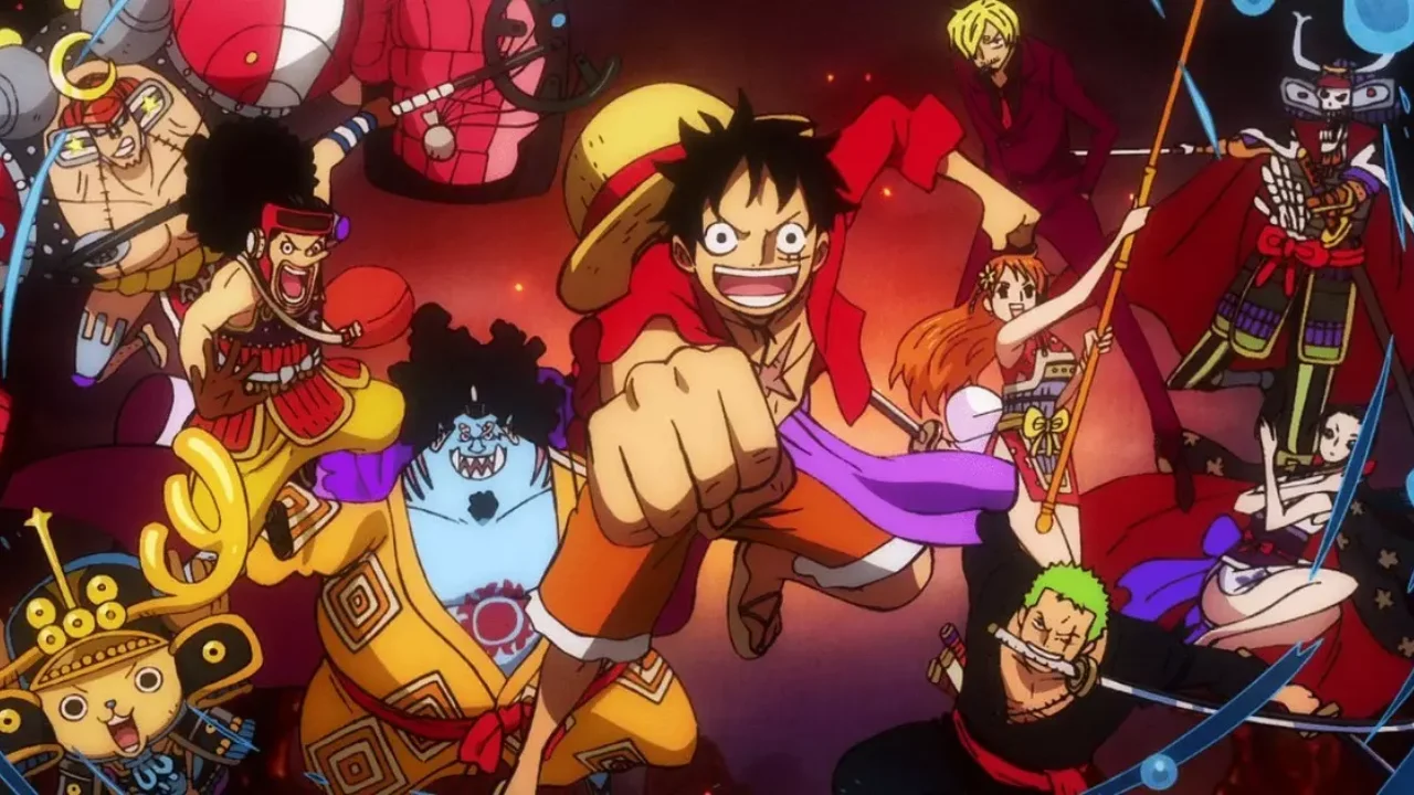 Karakter One Piece bersama-sama pada latar belakang merah