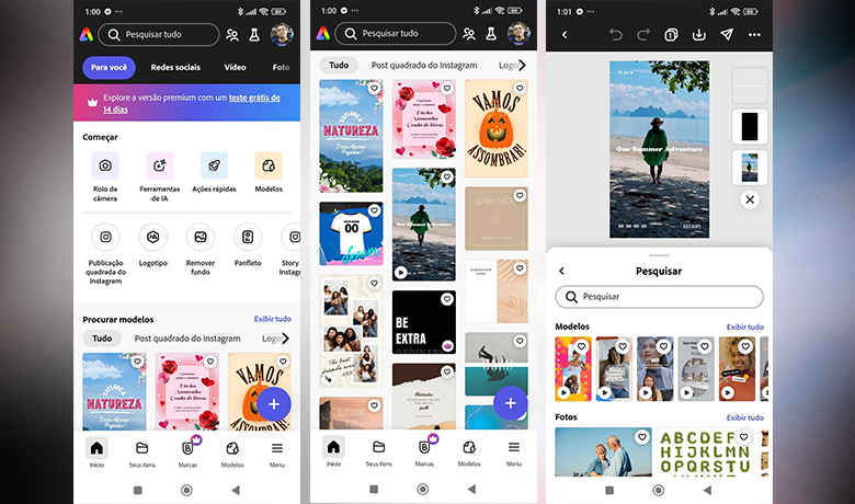 Capturas de tela com a interface do app Adobe Spark