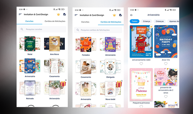 Capturas de tela com a interface do app Criador de cartões de convite