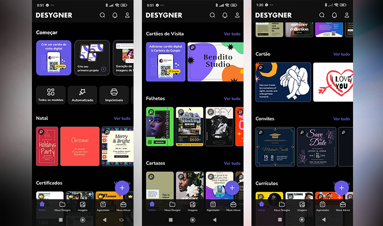 Capturas de tela com a interface do app Desygner