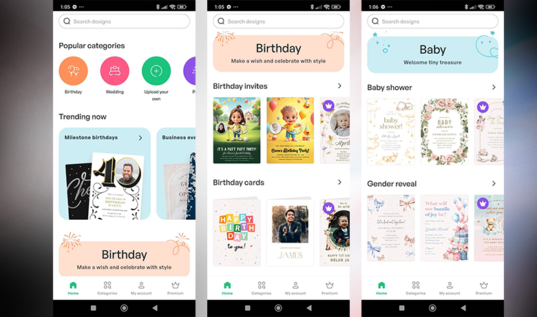 Imagem com capturas de tela da interface do app Fazer Convite Personalizado