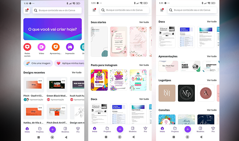 Imagem com capturas de tela mostrando a interface do app Canva