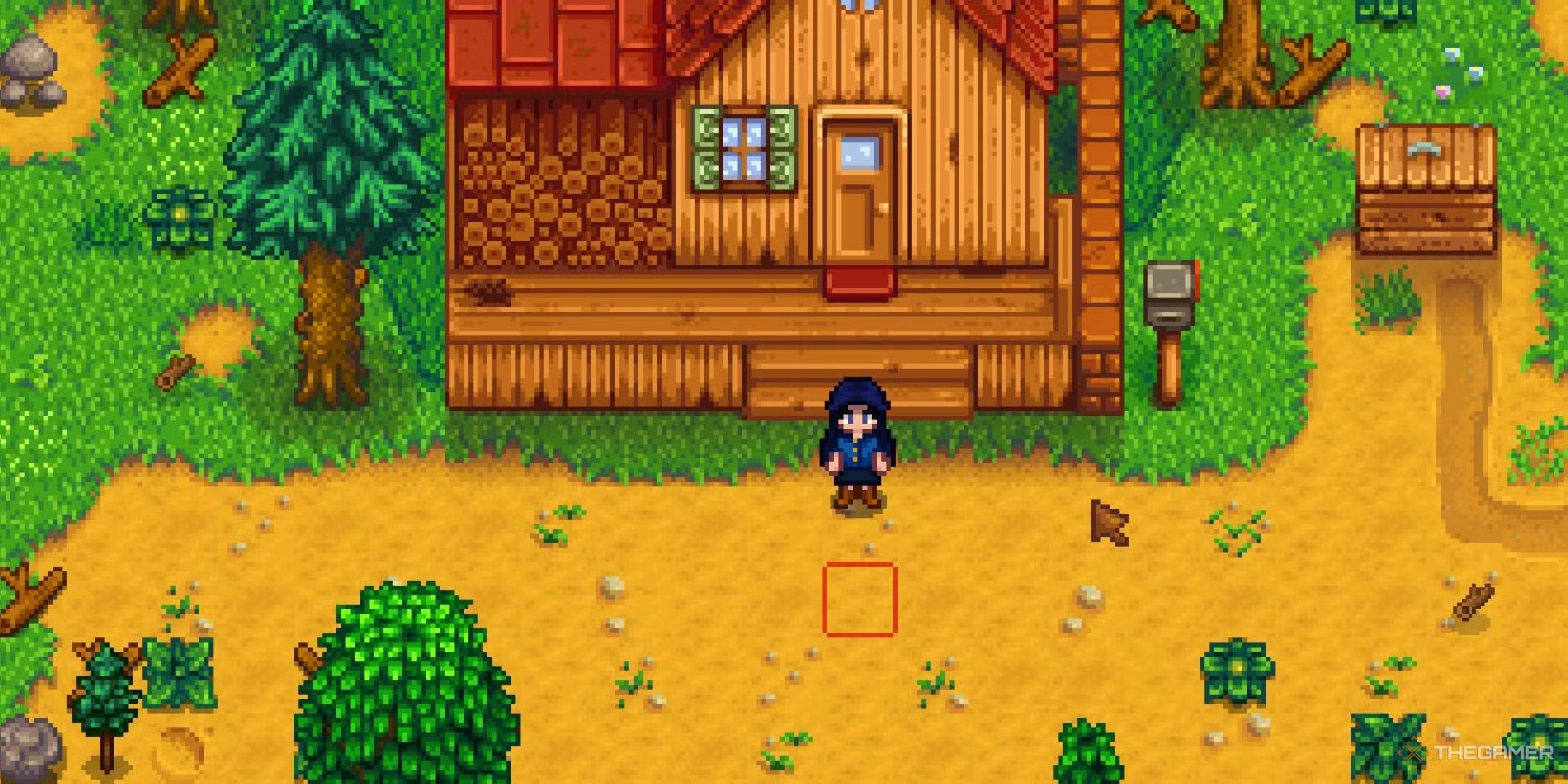 Character from the game Stardew Valley in front of his house on his farm