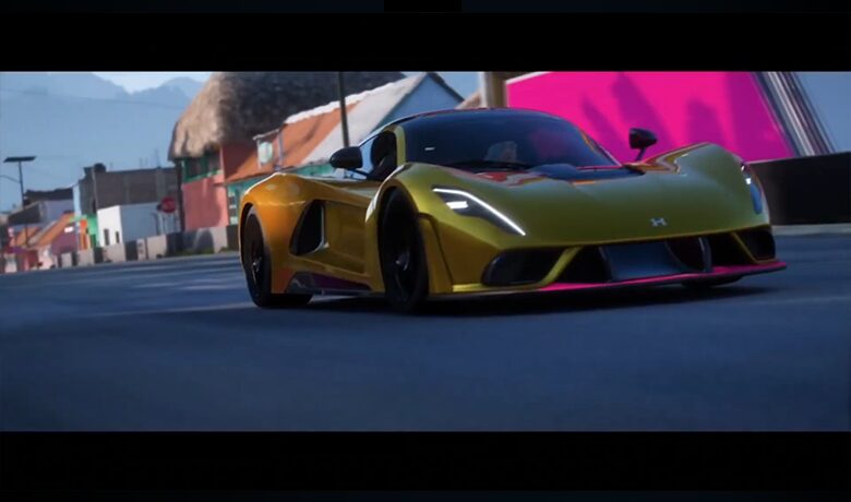 Tangkapan layar dalam game mobil kuning yang sedang balapan di lintasan balap