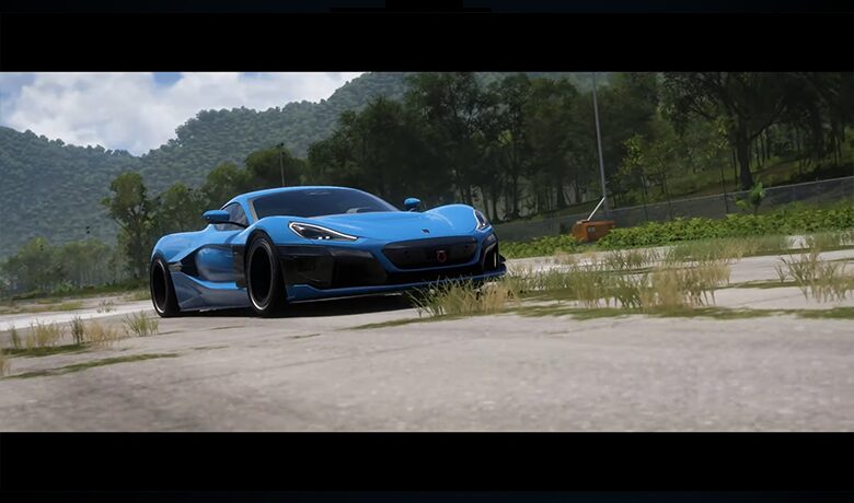 Gambar dalam game mobil biru di jalan dengan rumput tumbuh di atasnya
