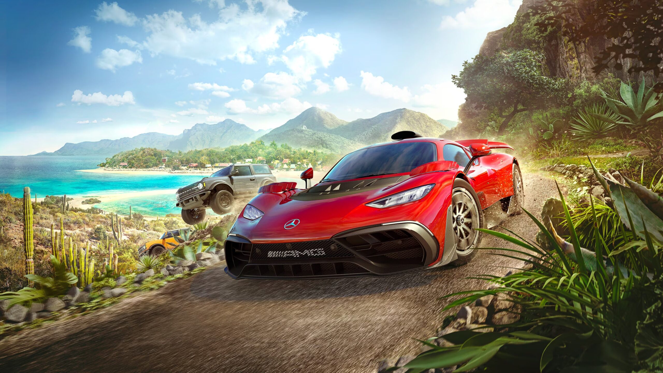 Gambar mobil tercepat di Forza Horizon 5 berpacu di jalan yang dikelilingi alam