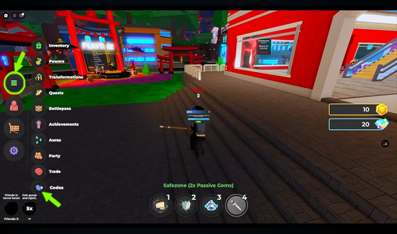 Gambar tersebut menunjukkan seorang pemain di tengah tangga memegang sebuah item pertempuran dengan ikon menu di sudut layar.