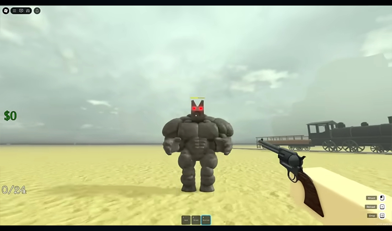 Sesosok musuh dari game Dead Rails berdiri diam di tengah lanskap gurun.