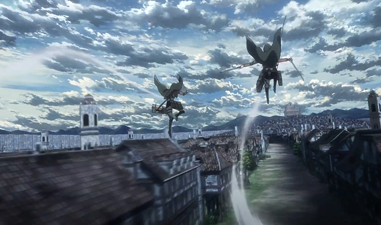 Image shows two characters jumping between roofs of houses