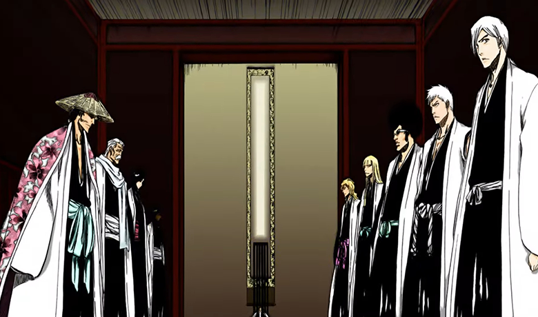 Image shows several characters lined up on both sides with a serious look on their faces