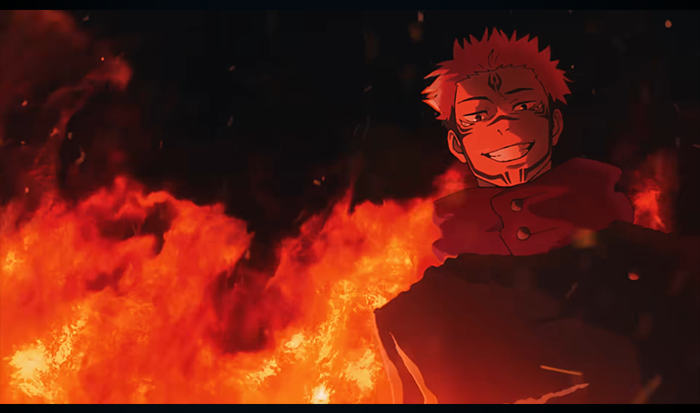 Image shows character staring at the camera with a wide smile on his face while the background is covered in flames