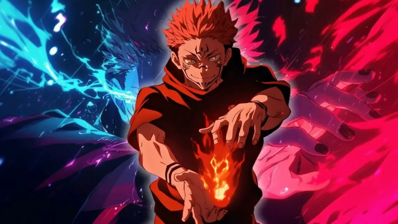 The character Sukuna with a colorful background behind him and fire in his hands, exemplifying the strongest shonen anime villains.